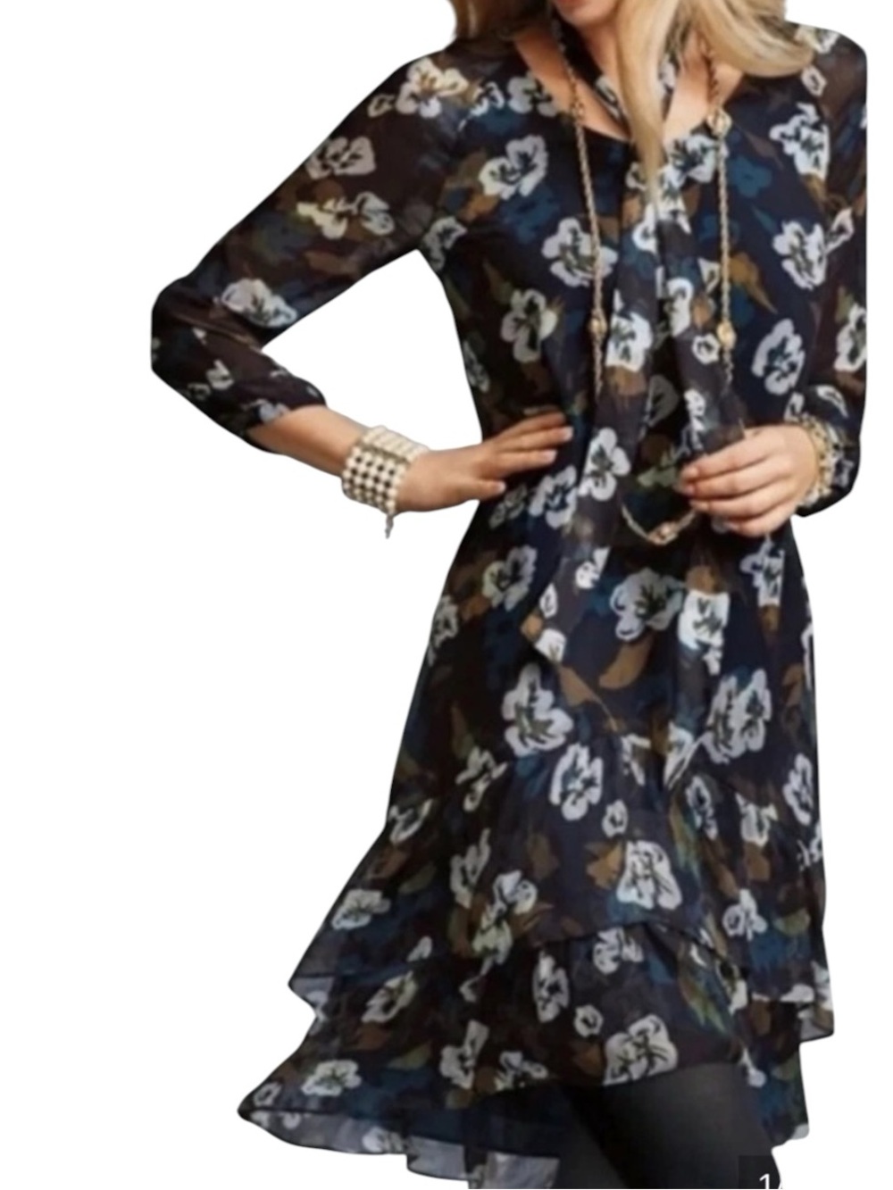 CAbi Pirouette Floral V Neck Shift Dress Sheer Long Sleeves Chiffon XS